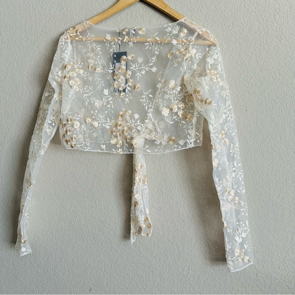 Momokrom Sheer Embroidered Floral Tie-Up Top Small Coquette Fairycore Romantic - Picture 6 of 14